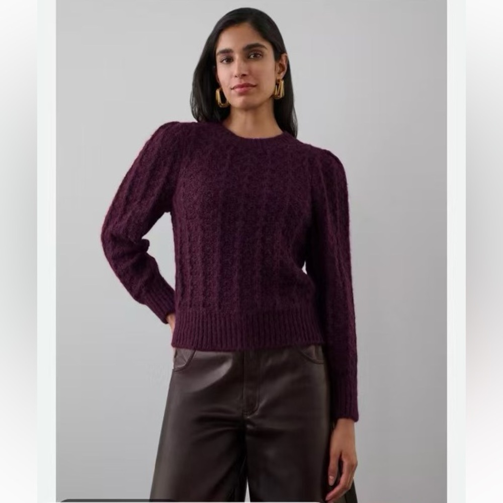 White + Warren Black Cherry Plush Alpaca Blend Pointelle Puff Sleeve Sweater